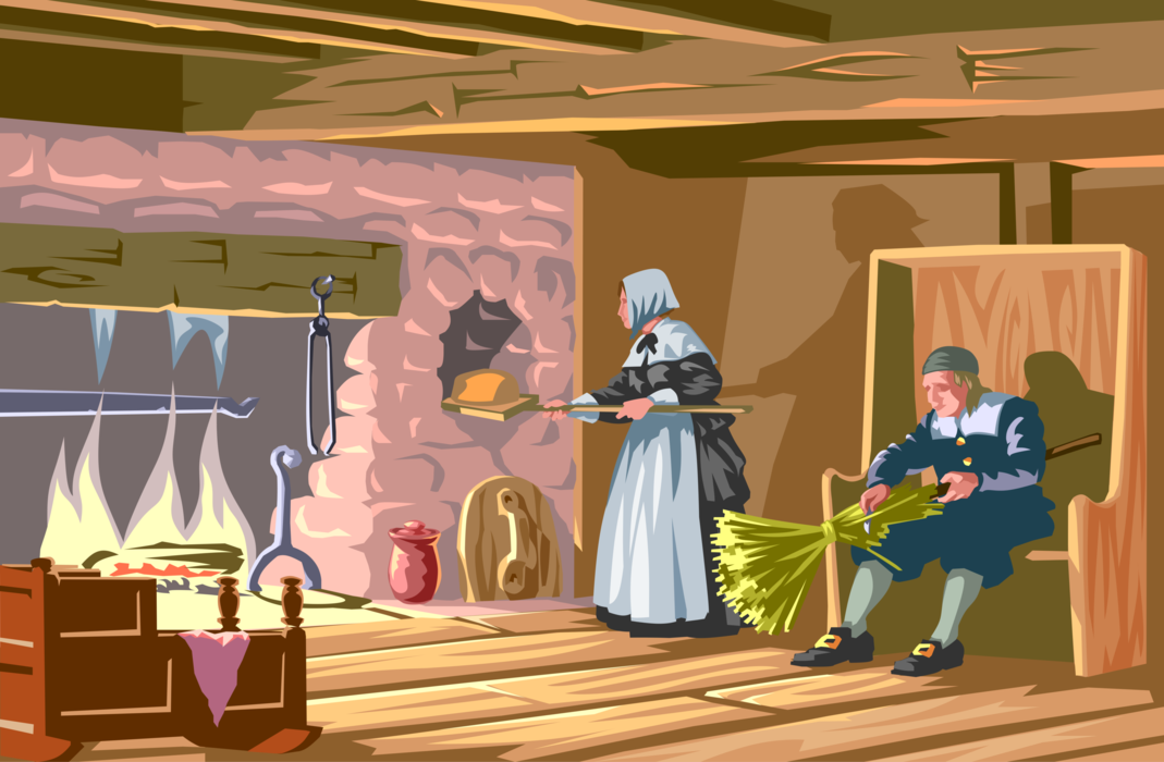 Vector Illustration of Wife Baking Bread in Colonial America While Husband Makes Straw Broom
