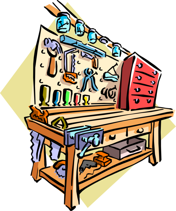 Vector Illustration of Garage Workbench with Tools and Tool Box