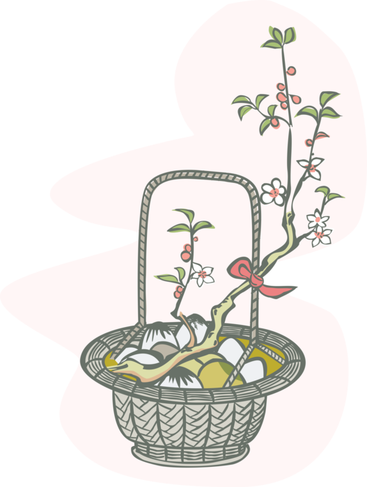 Vector Illustration of Wicker Basket with Stones and Bonsai Tree