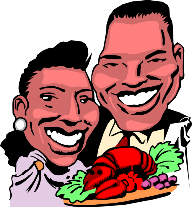 Vector Illustration of African American Couple Enjoy Lobster Shellfish Dinner