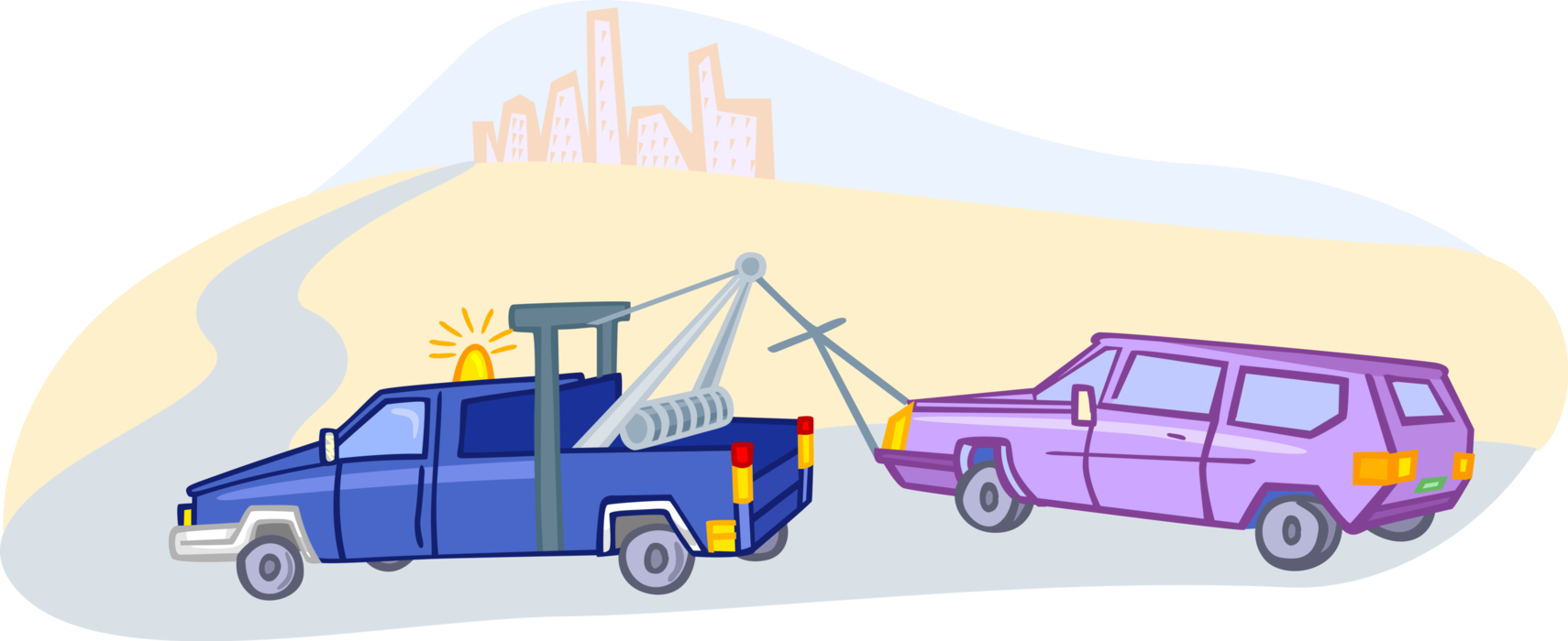 Vector Illustration of Tow Truck Wrecker Recovery Vehicle with Disabled Car from Auto Accident