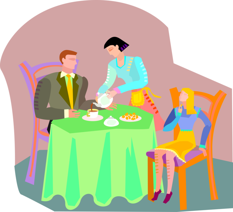 Vector Illustration of Family Dinner Table with Mother Serving Coffee to Father, Daughter Sits in Chair