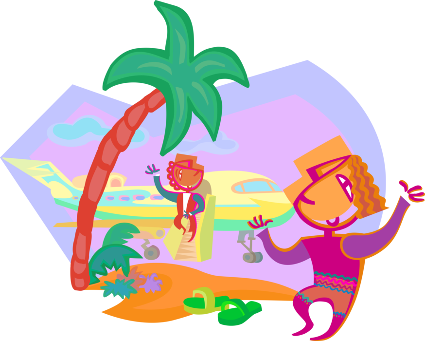 Vector Illustration of Family Vacation Holiday Arriving by Jet Airplane at Tropical Paradise