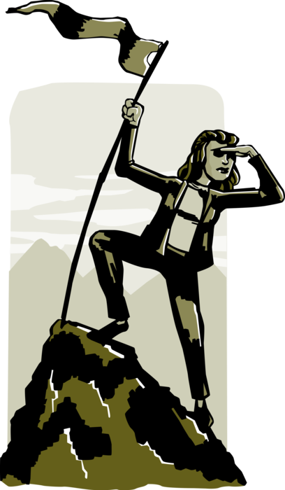 Vector Illustration of Businesswoman Conquering Mountain Summit Peak