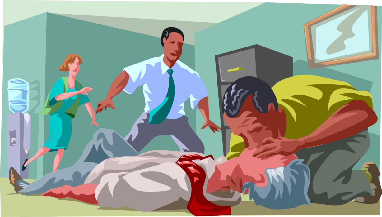 Vector Illustration of Office Heart Attack Patient with Emergency Mouth to Mouth Resuscitation