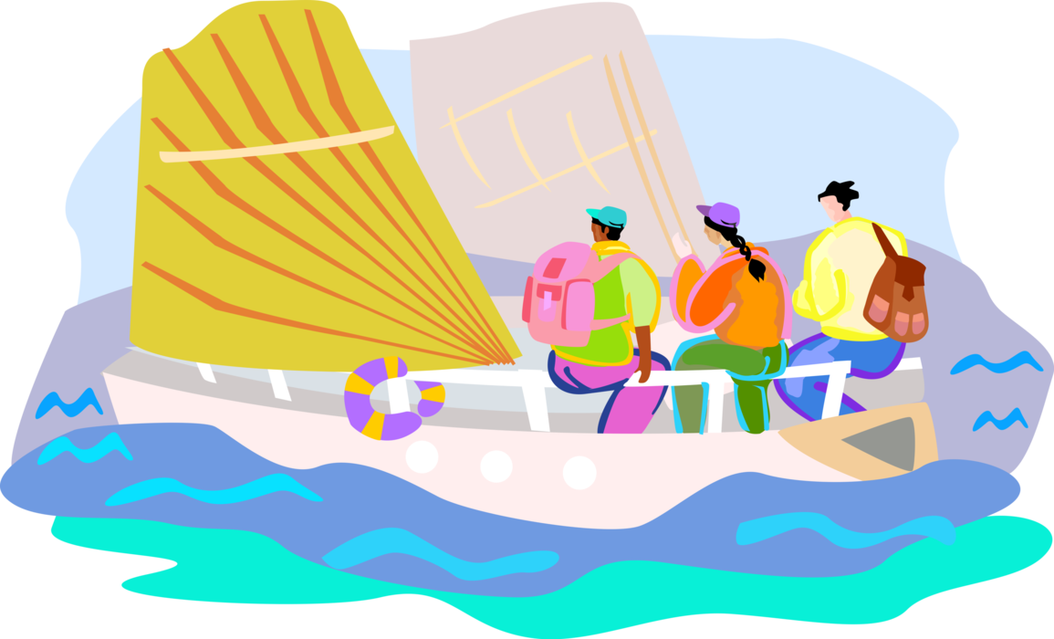 Vector Illustration of Tourists with Backpacks on Sailboat Ride Sailing on Water