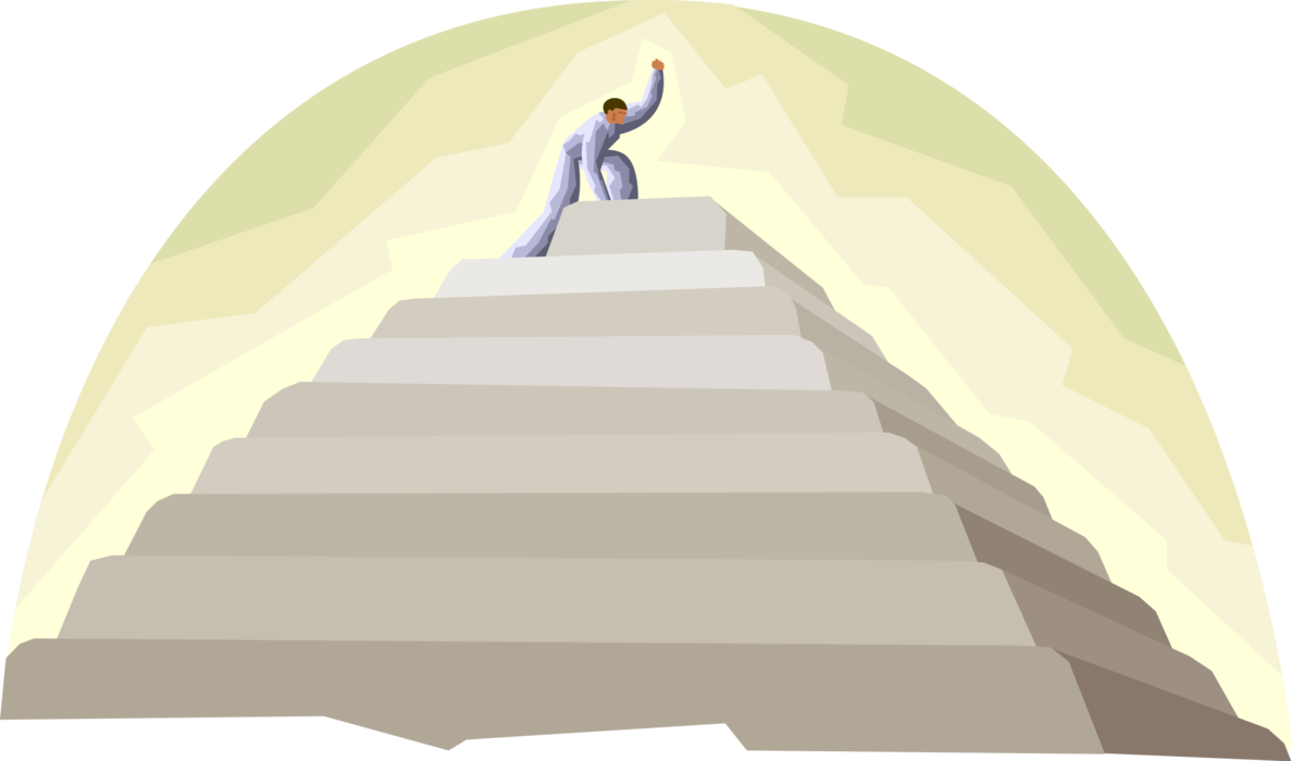 Vector Illustration of Human Figure Conquers Tall Step Pyramid Structure