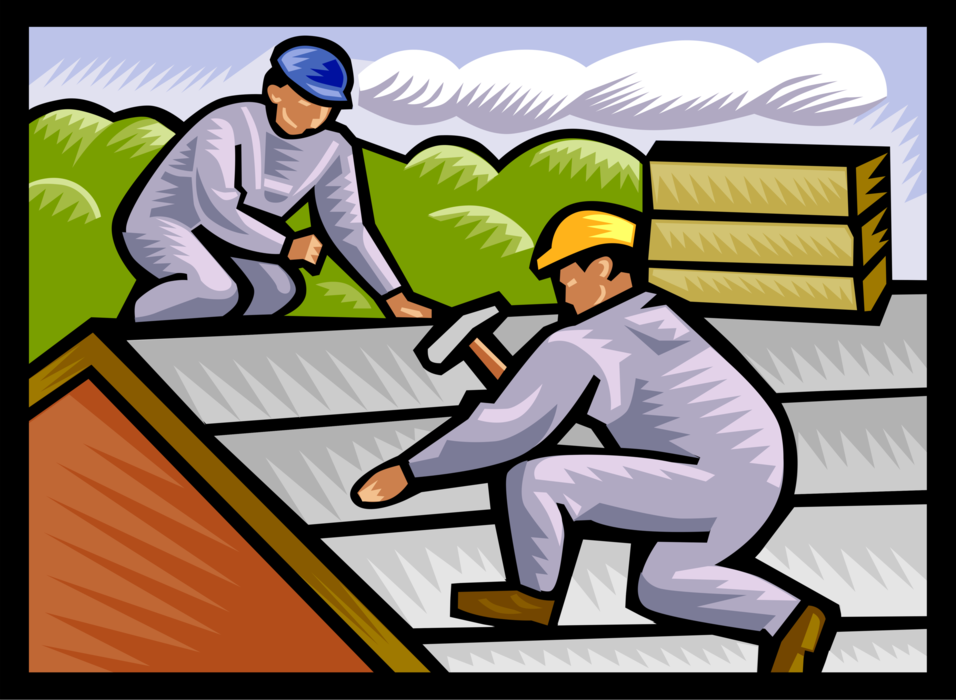 Vector Illustration of Construction Roofers Replace Roof Shingles with Hammer and Roofing Nails