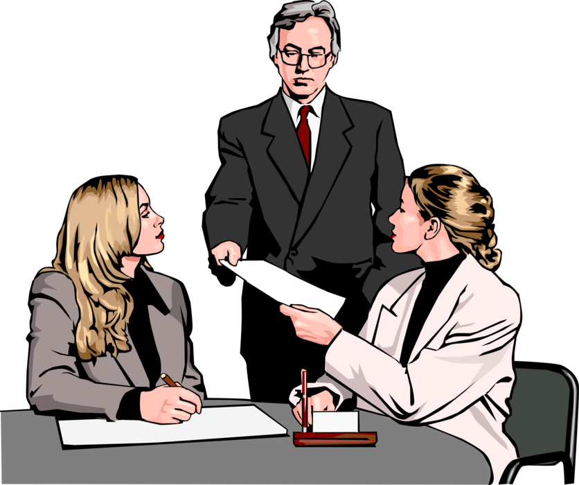 Vector Illustration of Businessman Handing Document to Women at Desk
