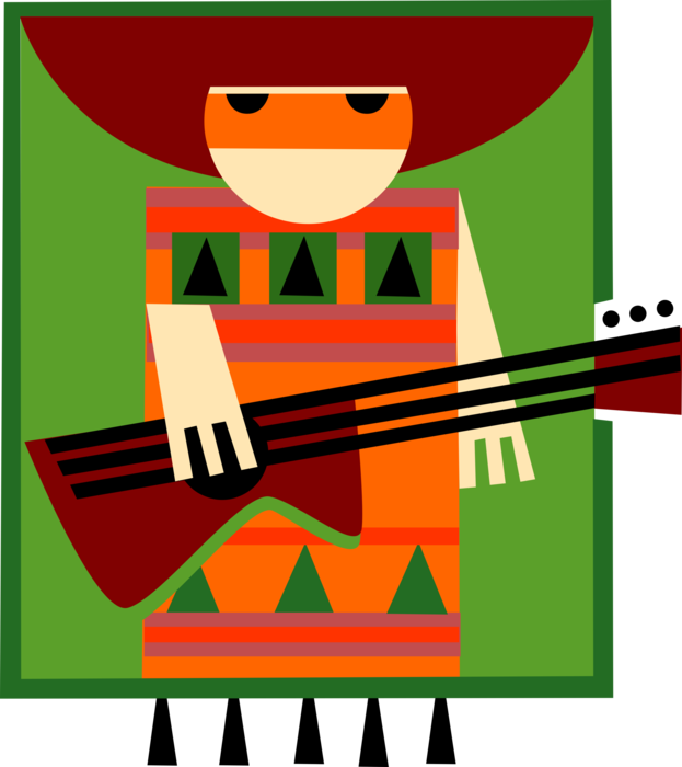 Vector Illustration of Mexican Musician with Sombrero Plays Acoustic Guitar Musical Instrument
