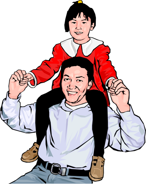 Vector Illustration of Proud Father and Young Child Sitting on Shoulders