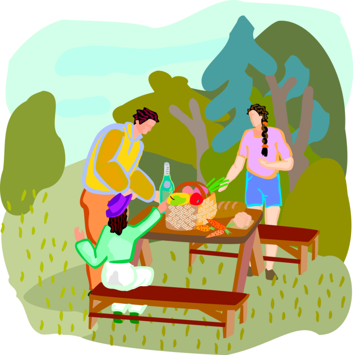 Vector Illustration of Family Outdoor Picnic in Summer at Picnic Table