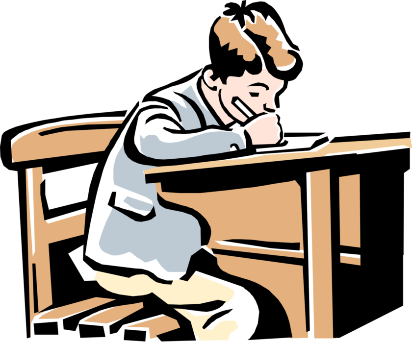 Vector Illustration of 1950's Vintage Style Child Works at School Desk in Classroom