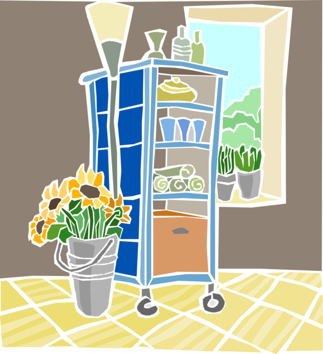 Vector Illustration of Display Case with Potted Flowers and Lamp