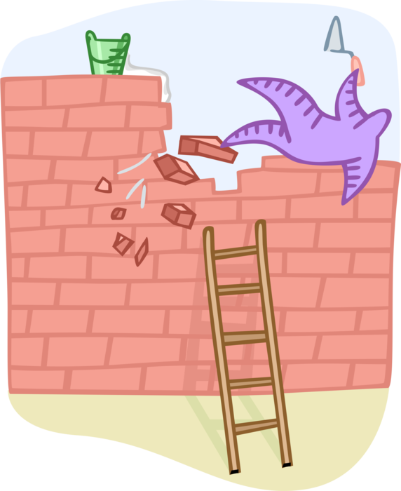Vector Illustration of Mason Bricklayer Falls from Masonry Brick Wall