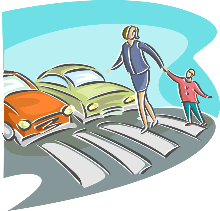 Vector Illustration of Mother and Child Pedestrians Use Crossing or Crosswalk to Cross Busy Intersection