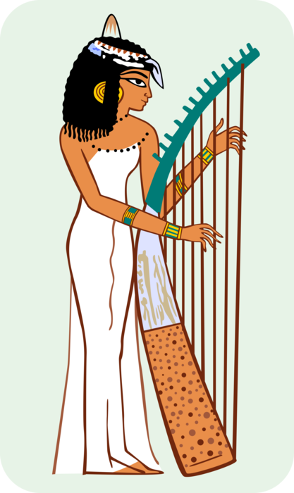 Vector Illustration of Ancient Egyptian Woman Playing Stringed Harp Musical Instrument