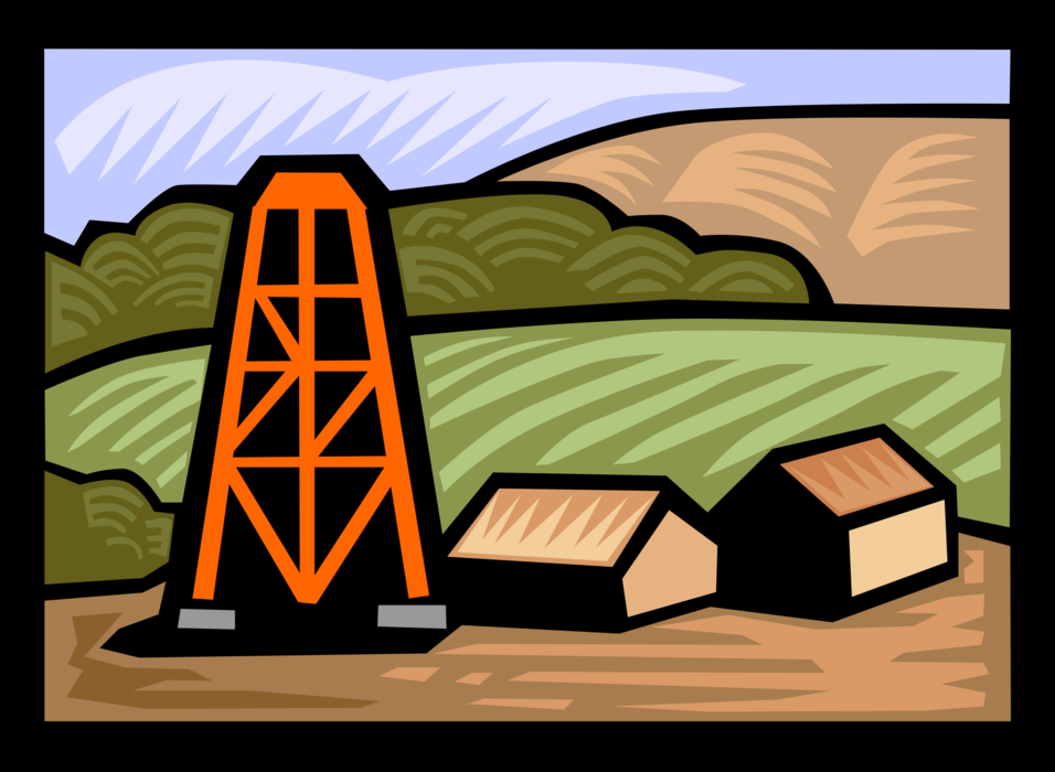 Vector Illustration of Fossil Fuel Petroleum and Gas Industry Oil Well Derrick at Well Drilling Rig Site