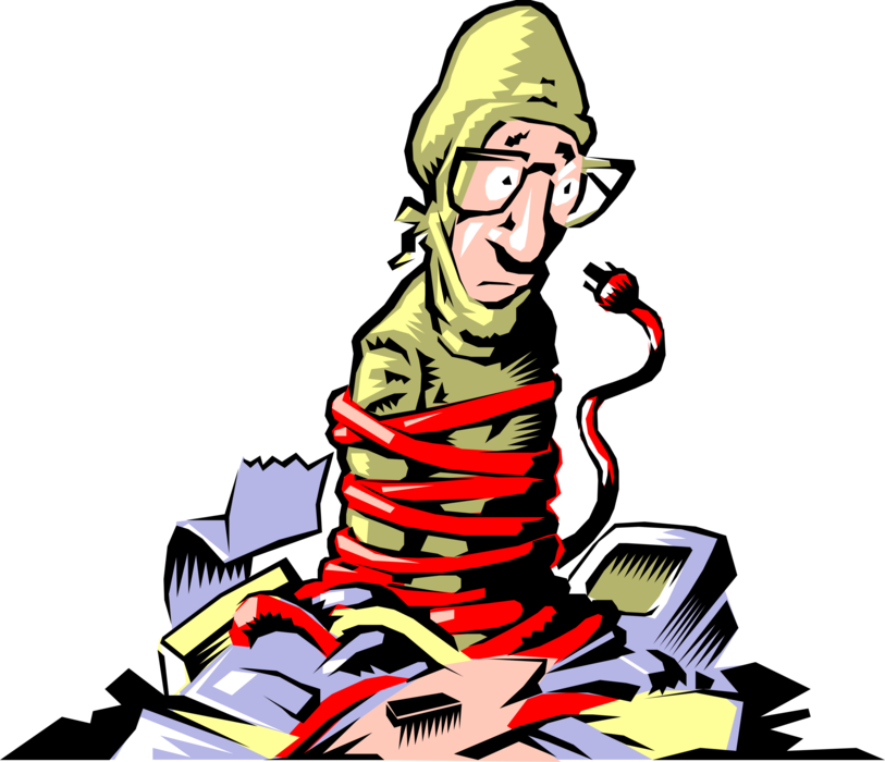 Vector Illustration of Computer Technician Tied Up in Knots with Electrical Cord
