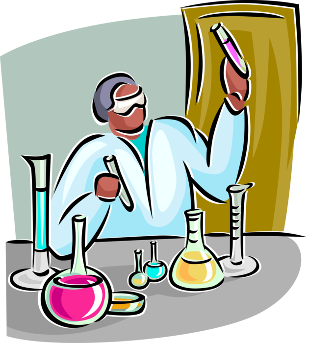 Vector Illustration of Laboratory Technician with Test Tubes and Flasks
