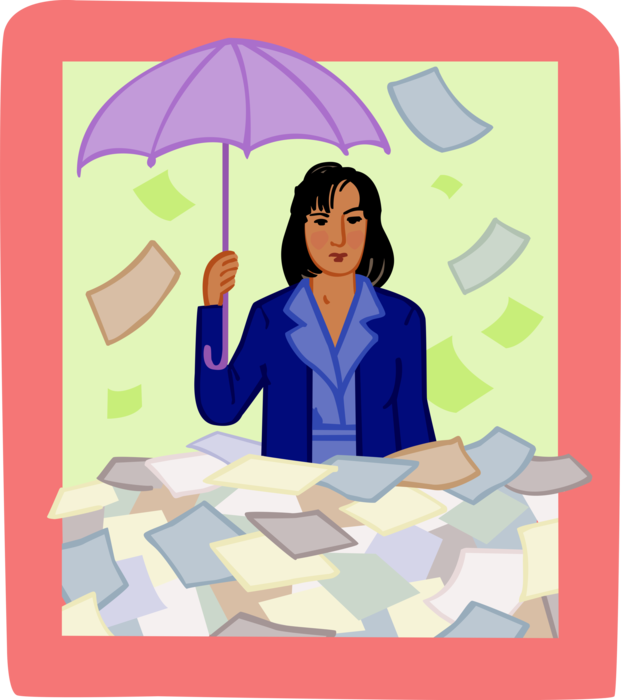 Vector Illustration of Businesswoman with Umbrella Deluged and Buried in Paperwork