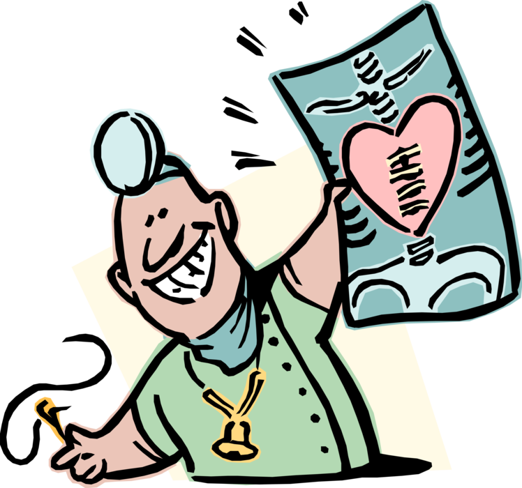 Vector Illustration of Health Care Professional Doctor Physician with X-Ray Uses Sutures to Repair Broken Heart