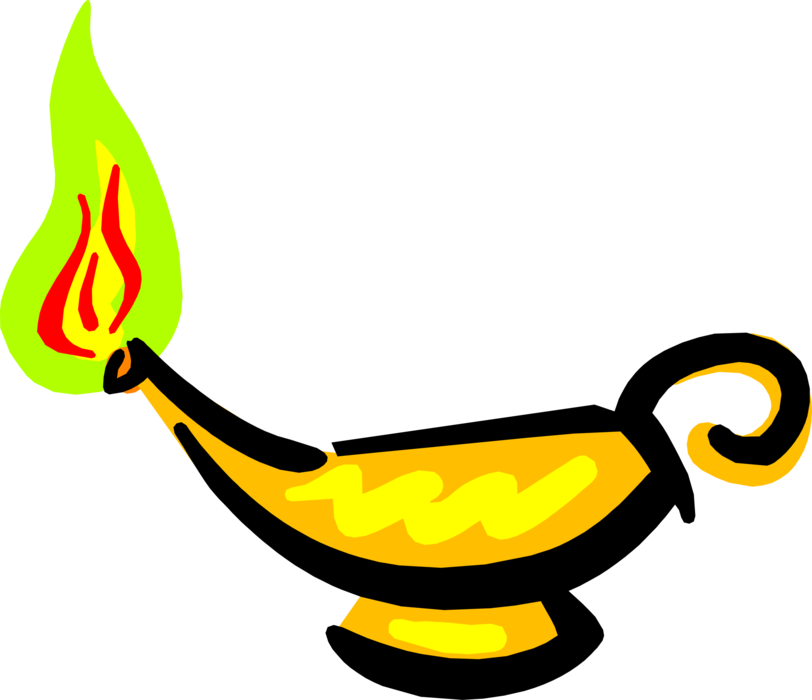 Vector Illustration of Aladdin's Lamp Conjures Up Ghost Phantom, Apparition, Spirit, Spookly Apparition