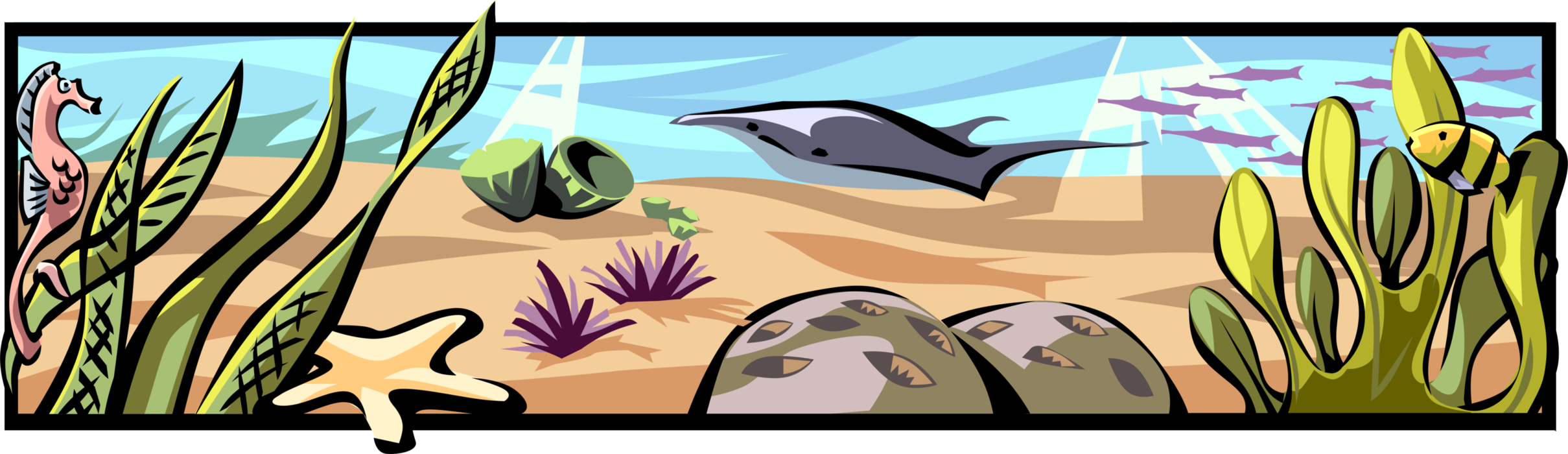 Vector Illustration of Underwater Ocean Seabed with Marine Aquatic Fish and Manta Ray