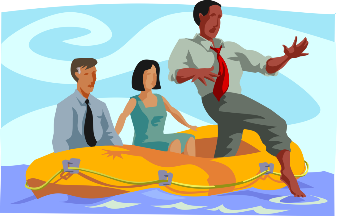 Vector Illustration of Businessman Lost at Sea in Life Raft Testing the Waters