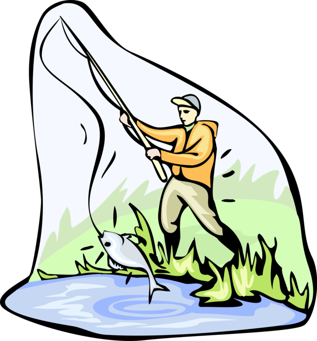Vector Illustration of Sport Fisherman Angler Lands Nice Fish While Fishing