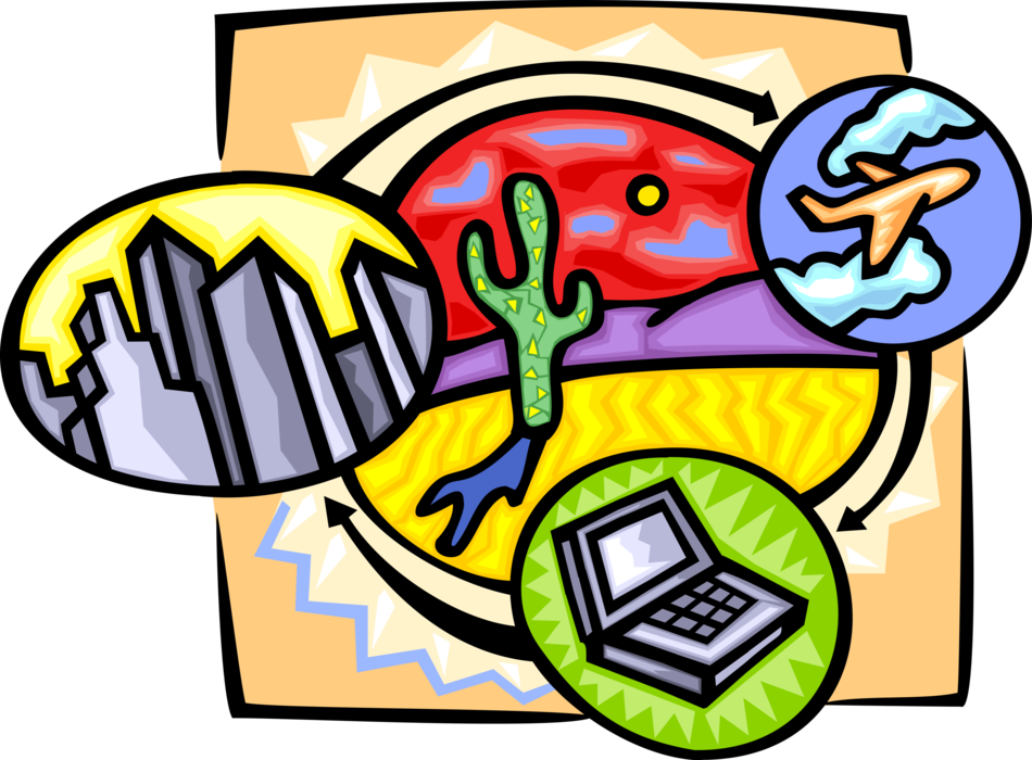 Vector Illustration of World Air Travel with City, Airplane, Computer and Desert Terrain with Cactus
