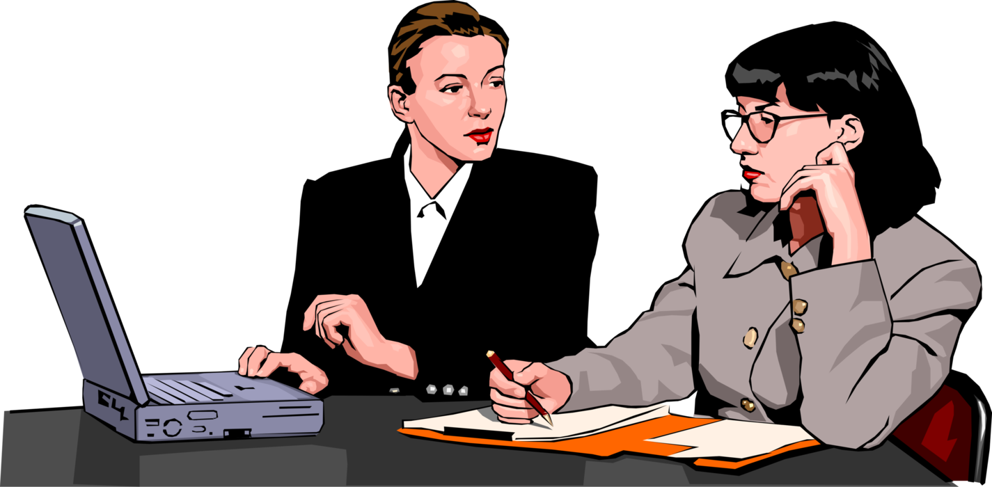 Vector Illustration of Women in the Workplace Have Office Meeting at Desk with Computer