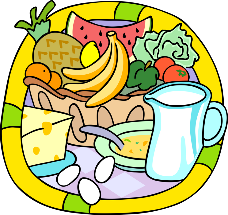 Vector Illustration of Balanced Diet Major Food Groups with Fruits and Vegetables, Dairy Products