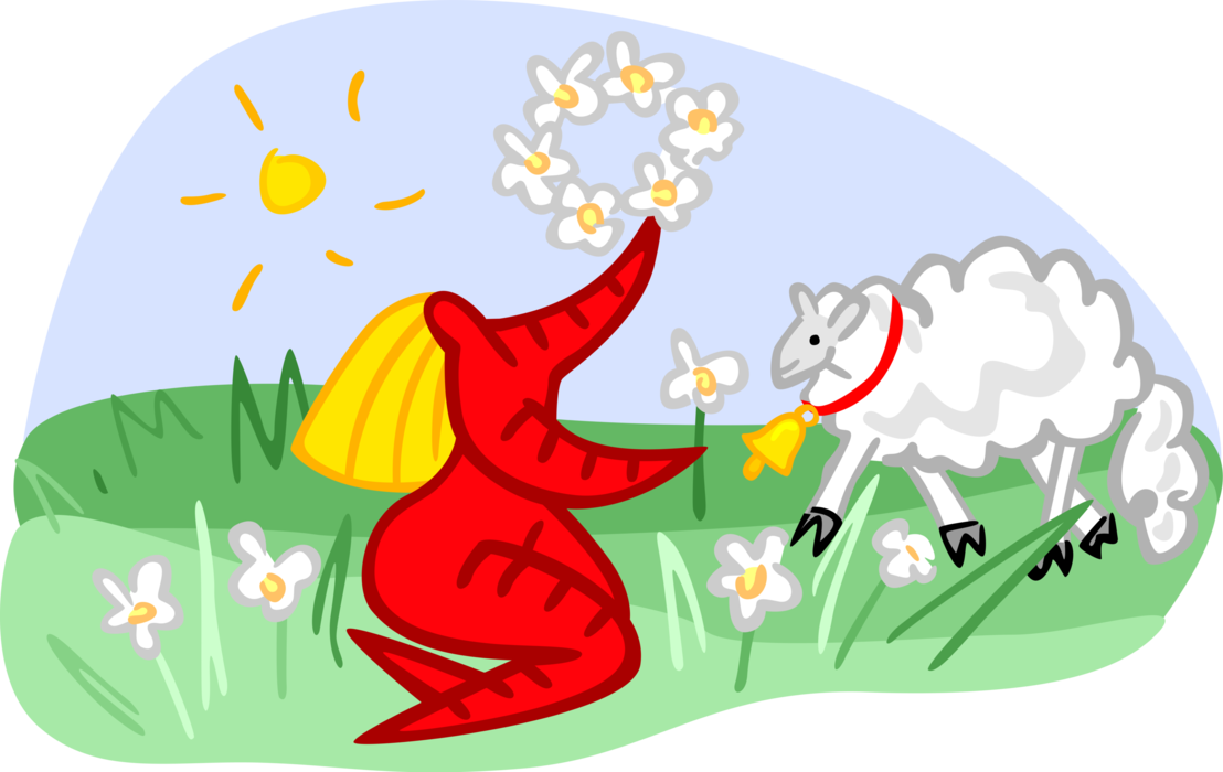 Vector Illustration of Girl with Sheep and Flowers
