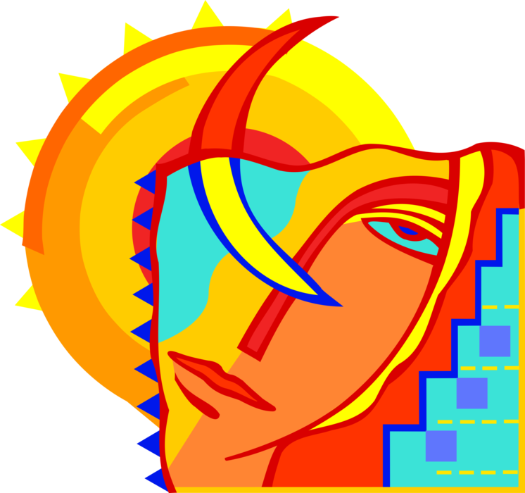 Vector Illustration of Human Face with Sun and Moon