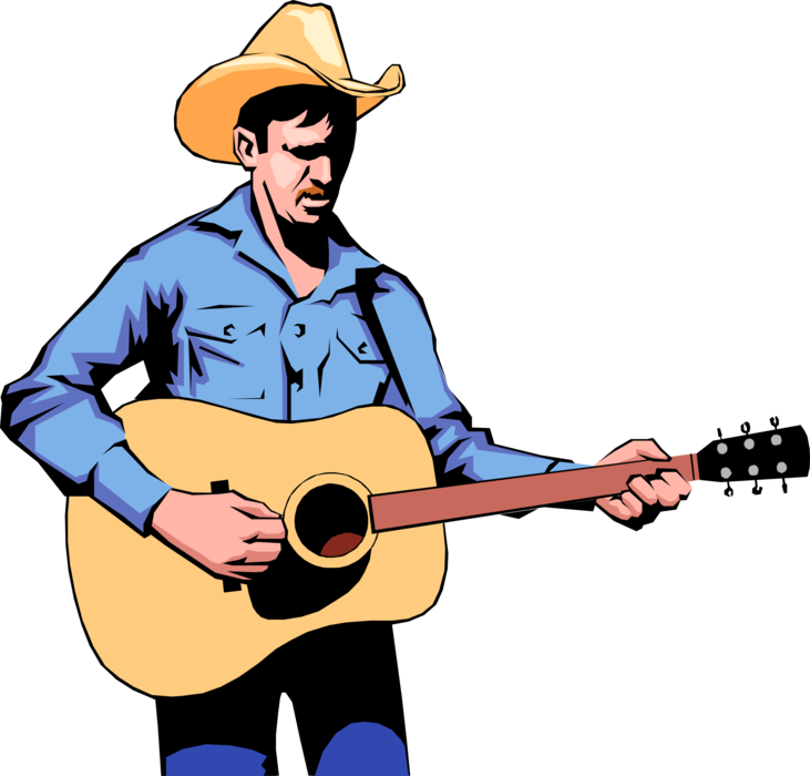 Vector Illustration of Western Cowboy Country Musician with Acoustic Guitar Musical Instrument