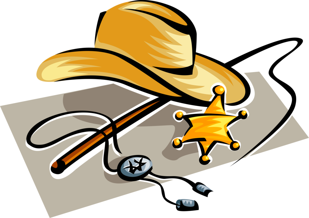 Vector Illustration of Old West Cowboy Hat with Sheriff Badge and Whip