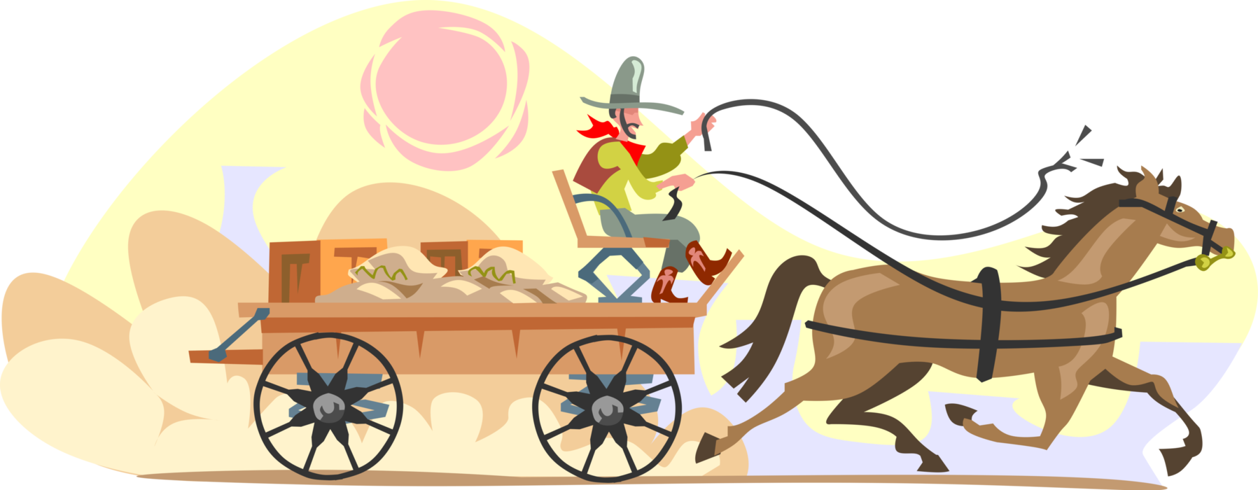 Vector Illustration of Old West Horse Drawn Wagon and Driver with Load of Wheat Grain