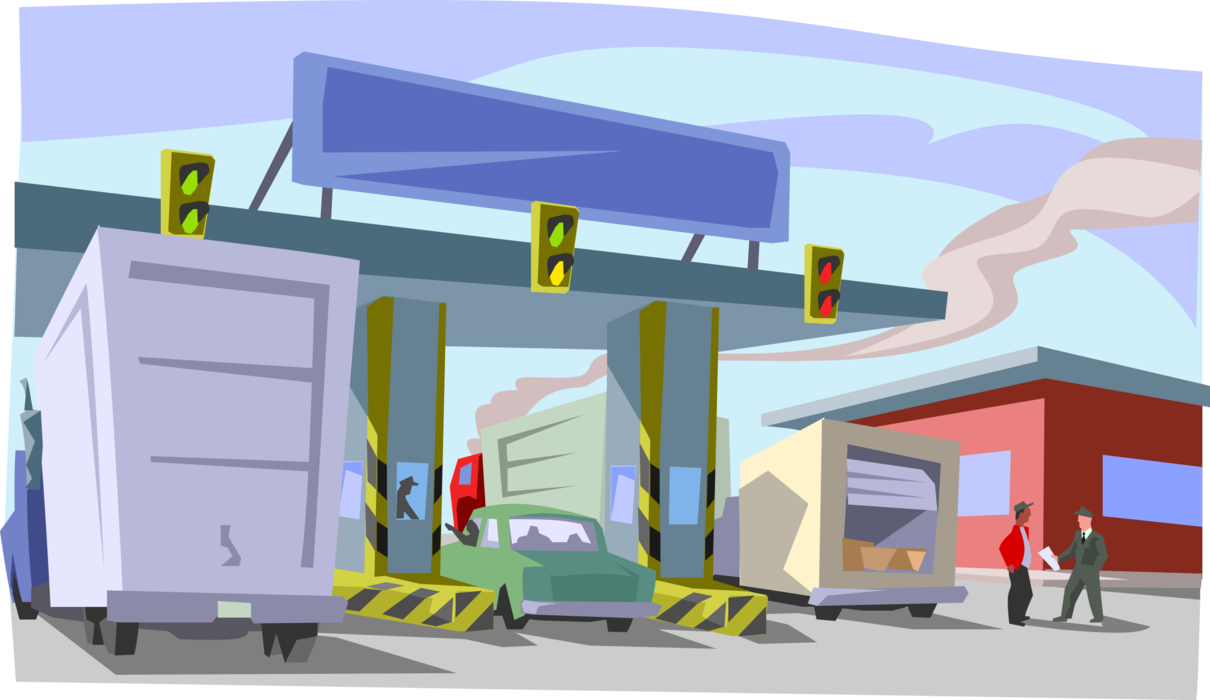 Vector Illustration of Border Crossing with Customs Inspection of Cargo Shipment