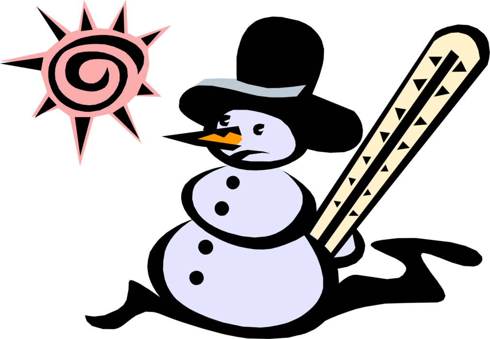 Vector Illustration of Snowman Anthropomorphic Snow Sculpture in Direct Sunlight Starts to Melt