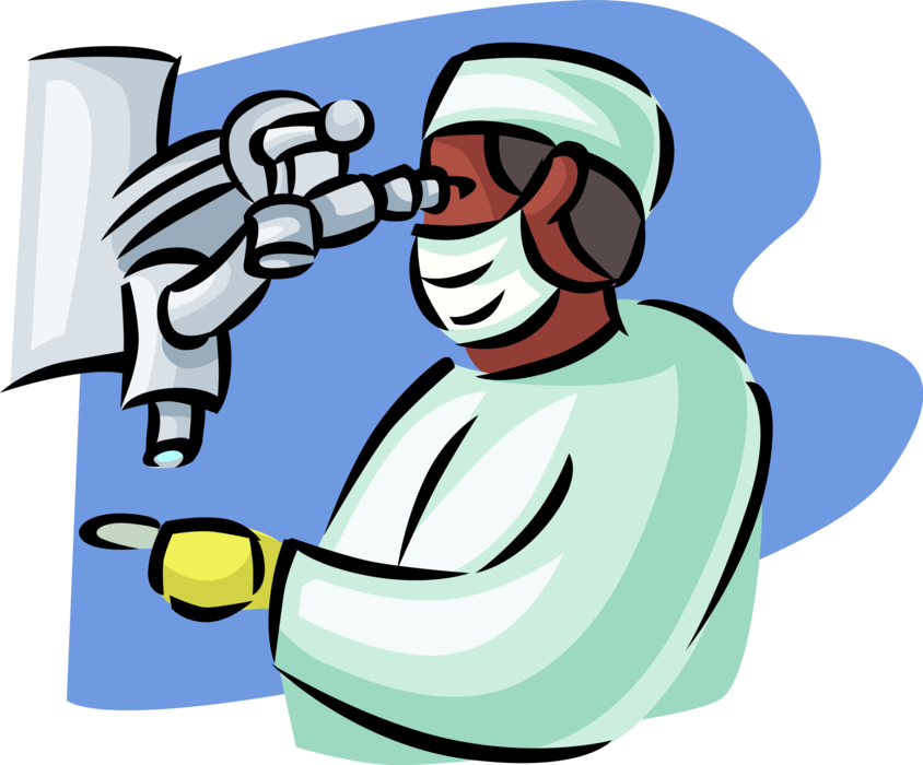 Vector Illustration of Health Care Professional Doctor Physician in Operating Room Surgery with Microscope