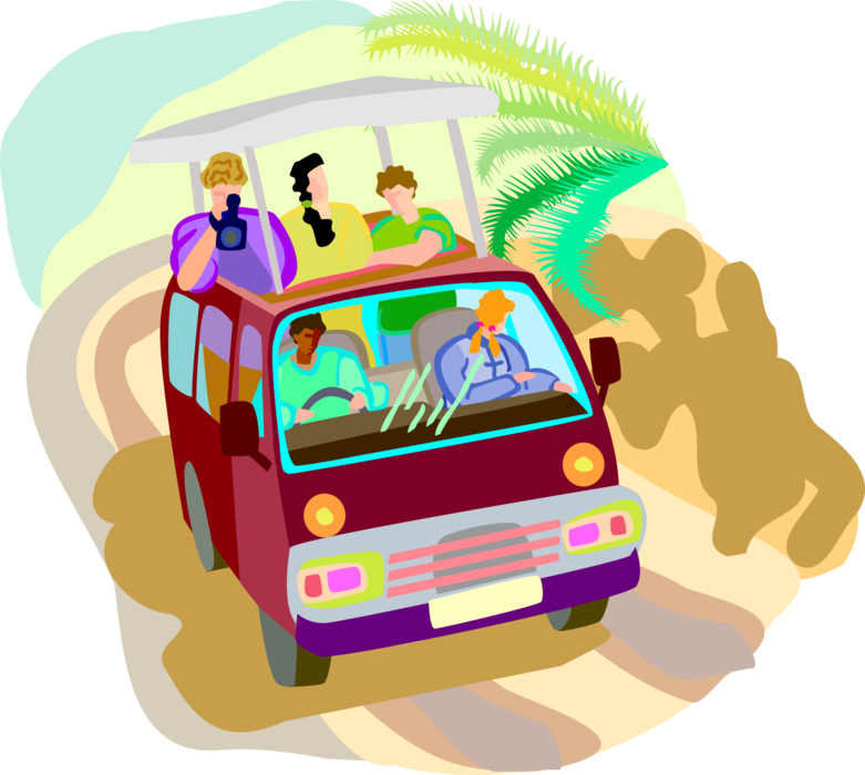 Vector Illustration of African Safari Vacation with Tourists in Minivan Motor Vehicle