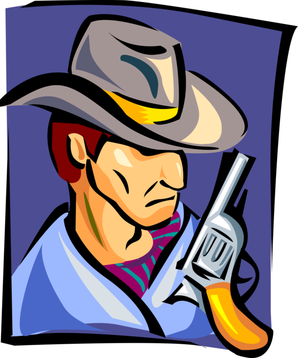 Vector Illustration of Ornery Bad-Tempered Cowboy with Pistol Gun