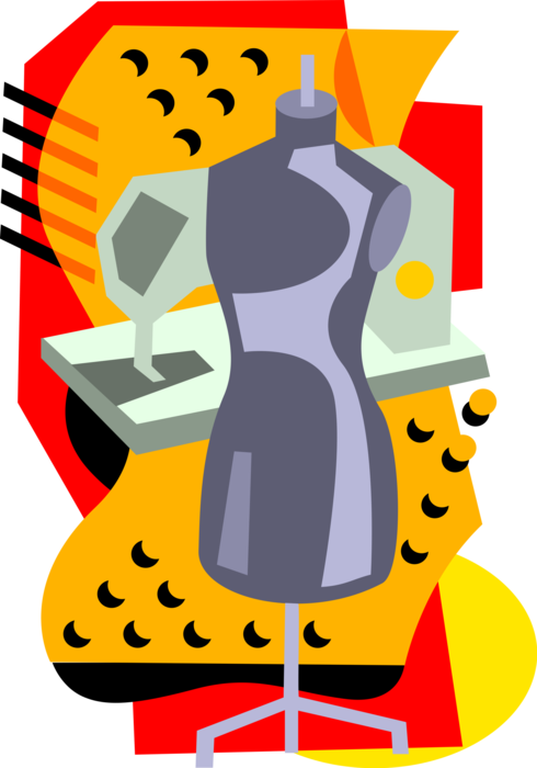 Vector Illustration of Dressmaker Seamstress with Dress Frame and Sewing Machine