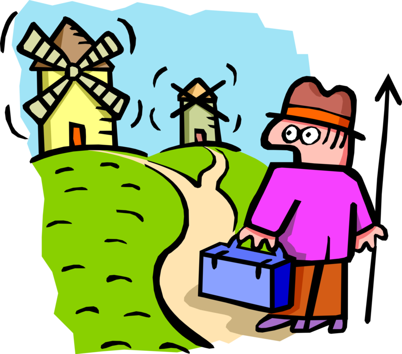 Vector Illustration of Businessman Traveler Tilting at Windmills in Holland