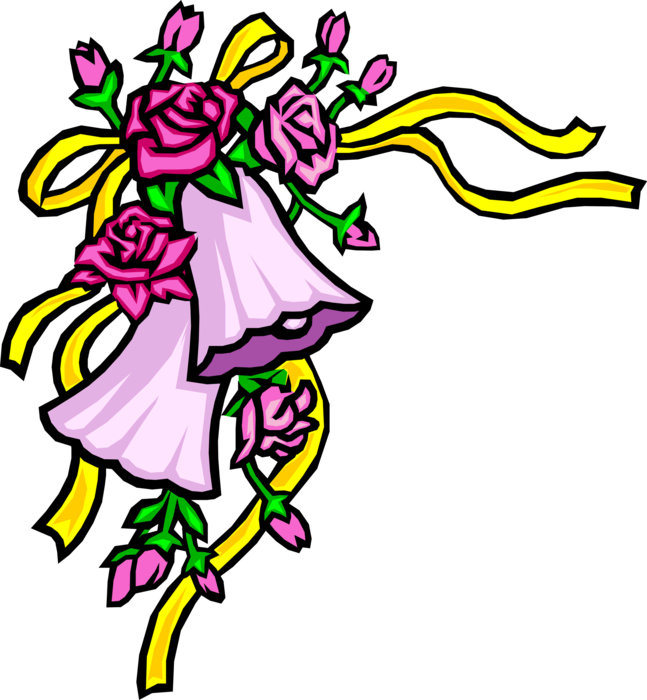 Vector Illustration of Wedding Bells with Rose Flowers and Yellow Ribbons