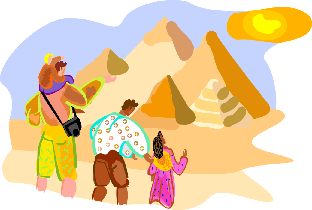 Vector Illustration of Tourists Visit Great Pyramids of Giza, Cairo, Egypt