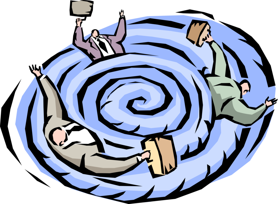 Vector Illustration of Businessmen Caught in Whirlpool of Swirling Water and Opposing Currents