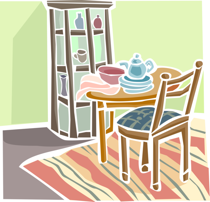 Vector Illustration of Dining Room Table with Chair and Cabinet