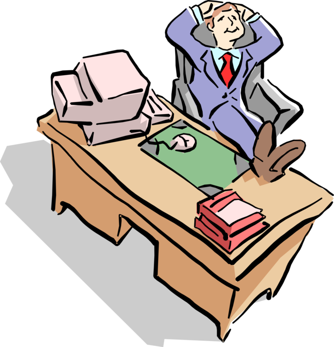 Vector Illustration of Content Businessman Relaxes at Desk in Office